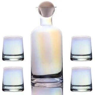Intirilife Karaffe mit 4 Gläsern Set aus Glas mit Regenbogen Schimmer - Karaffe 1.1 Liter - Gläser 200 ml - Geschenk Set Kanne Krug mit Balldeckel für Heiße und Kalte Getränke