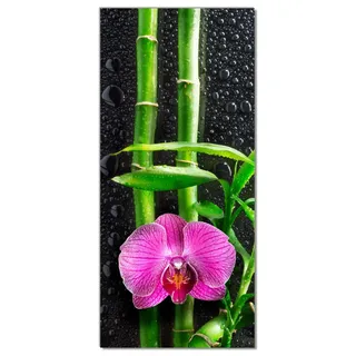 Wallario selbstklebende Türtapete 93 x 205 cm mit Schutzlaminat - Bambus und pinke Orchidee auf schwarzem Glas mit Regentropfen - Grün