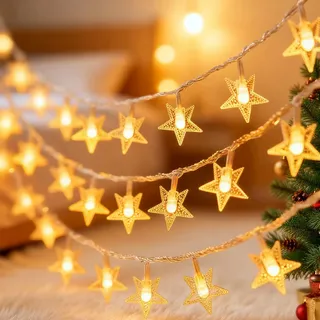 6M 40LED Lichterkette Sterne Weihnachten Deko Fensterbeleuchtung batteriebetriebene Christmas Lights Winterdeko Weihnachtslichterkette innen 2 Lichtmodi für Garten Camping Weihnachtsbaum Innen Deko