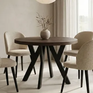 Runder Ausziehbarer Tisch für Esszimmer, PERO, Loft-Stil, Skandinavische, Durchmesser: 110 / 210 cm, Farbe: Eiche Lefkas / Schwarz - Dunkelbraun