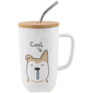 lachineuse – Hundetasse DOG Collection – Cool Dog – Porzellantasse – 600 ml – mit Deckel, Strohhalm und Löffel – für Kaffee, Tee, heiße Schokolade – originelle Geschenkidee