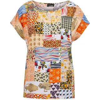 Schlupfbluse GOLDNER "Luftige Viskosebluse mit Patch-Print", Damen, Gr. 42, gelb (gelb, gemustert), Obermaterial: 100% Viskose CV., U-Boot-Ausschnitt, keine/nicht relevant, Blusen Schlupfbluse, Patch-Print