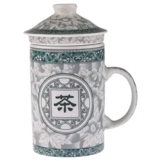 lachineuse - Chinesische Tasse "Chinesische Schriftzeichen" - Porzellan Teetasse mit Sieb & Deckel - Farben Grün & Weiß - Traditionelles chinesisches Geschirr - Asiatische Geschenkidee