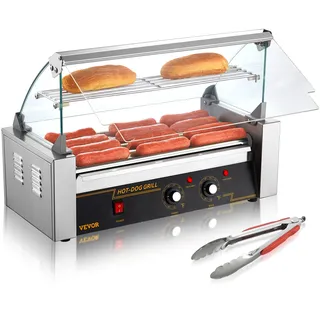 VEVOR Profi Gastro Hot Dog Maker Edelstahl Hot Dog Maschine, 5 Rollen für 12 Würste, 1000 W Hot Dog Grillmaschine mit Anschlag und Regalen, geeignet für Imbissbuden, Bars, Kioske, Brötchenheizung
