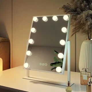 EMKE Hollywood Schminkspiegel mit Beleuchtung 30x41 cm Weiß, dimmbar | 360 Grad drehbar, 9 LED Lampen, 3 Lichtfarben, Speicherfunktion, Kosmetikspiegel für Schminktisch