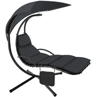 tectake Hängeliege mit Gestell Elaria, 195 x 132 x 197 cm, mit Seitentasche, schwarz , Schwarz , Textil , Baum/Pflanze/Natur , 132x197x195 cm , Gartenmöbel, Gartenschaukeln, Hängematten
