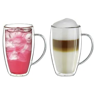 Creano doppelwandiges Thermoglas mit Henkel 250ml, großes Doppelwandglas aus Borosilikatglas, Kaffee-/Teeglas, 2x 250ml