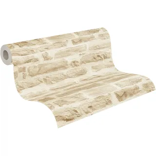 A.S. Création Best of Wood`n Stone Vliestapete mit Steinmotiv 0,53 x 10,05 m – Creme, Beige – Steintapete Made in Germany – 355802