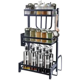 Uten Gewürzregal, 2-Stöckiges Gewürzregal Stehend mit 3 Haken, Gewürzregal Essstäbchenregal Messerregal Schneidebrettregal für Küchenarbeitsplatte, Geeignet für Küchenarbeitsplatten