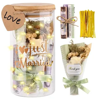LED Flaschenlicht Hochzeitsgeschenke für Brautpaar, Geldgeschenk Hochzeit | Hochzeitsgeschenk Geld mit Trockenblumen, Anhänger und LED-Leuchten, 50 Goldene Kabelbinder, Just Married Spardose