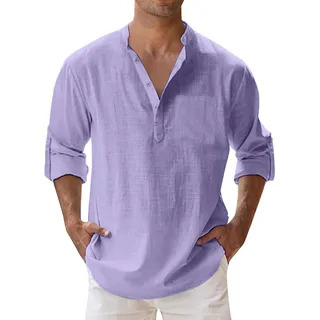 Sommerhemd Herren | Langarm Leicht und Luftig Bügelfrei Slim Fit Freizeithemd Sommer Lang Stehkragen Leinenhemd Baumwolle Herrenhemden Casual mit/Ohne Tasche Men Shirts F