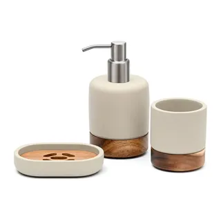 Creativefine Modern Badezimmer-Zubehör-Set aus Holz, Badaccessoires-Set, 3-teiliges Bad Set aus Seifenspender, Seifenschale u. Zahnbürstenhalter