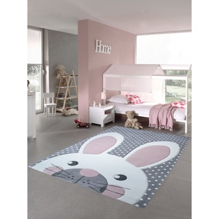 Kinderteppich Spielteppich Teppich Kinderzimmer Babyteppich Hase in Creme Grau rosa Größe 160x230 cm