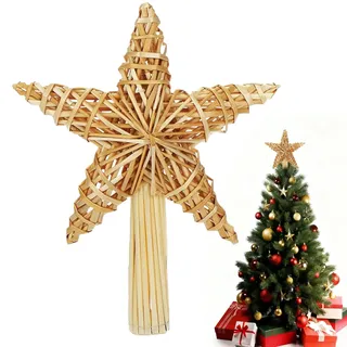 Weihnachtsbaum Stern Spitze, Stern Christbaumspitze aus Stroh 20×30.5cm, Strohsterne Christbaumkronenstern, Natur Stroh Baumspitze, Strohstern zur Dekoration der Baumspitze Weihnachtsdeko