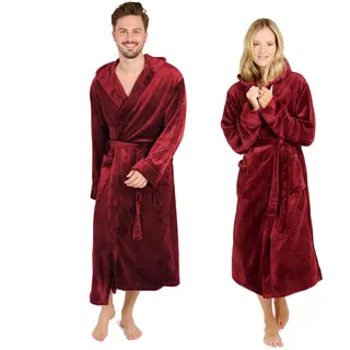 Blumtal Bademantel Damen & Herren 3XL - OEKO-TEX zert. Morgenmantel inkl. Doppelschlaufen für perfekte Passform - mit Kapuze Mikrofaser Dunkelrot