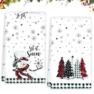 Weihnachten Küchentücher 2er Set, Bäume Schneeflocken Geschirrtücher, Küchenhandtücher, Winter Christmas Dekoration Handtücher, Trockentuch Saugstarke Strapazierfähig, 45 x 66 cm (Schwarz Rot)