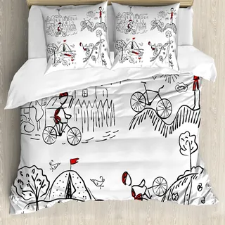 ABAKUHAUS Skizzenhaft Bettbezug Set, Hand gezeichneter Gekritzel-Art-Radfahrer, der zum Gebirgsgrafik-Bild-Druck klettert, 200 x 200 cm + 80 x 80 cm, Schwarz Weiß und Rot