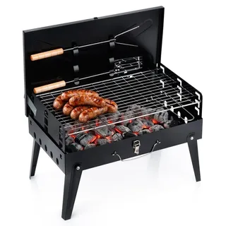 Vilde | Koffergrill Holzkohle - 43x26x29 cm - Klappbarer Grill mit Grillbesteck - Schwarz