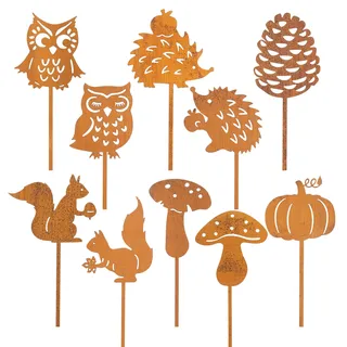 10-teiliges Set Rost Deko für Garten, Herbstdeko Outdoor Gartenstecker Rost, Herbst Dekoration mit Pilze Eichhörnchen Igel Eulen Kürbisse Tannenzapfen, Gartenstecker Metall für Halloween Erntedankfest