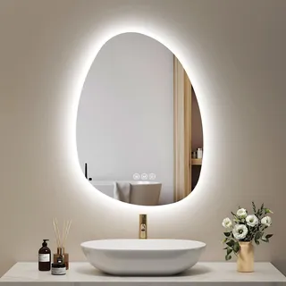 EMKE Badspiegel mit Beleuchtung 75 x 55 cm Asymmetrischer Spiegel mit Touch, 3 Lichtfarben Dimmbar, Beschlagfrei, Badezimmerspiegel mit Beleuchtung IP44 Energiesparend LED Badspiegel
