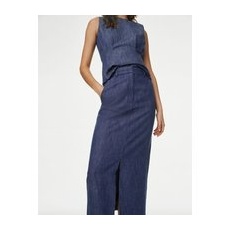 Womens M&S Collection Linen Blend Split Front Maxi Column Skirt - Blue Mix, Blue Mix - 14-PET