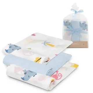 INTERBABY · Packung mit 3 Muslin Tücher aus Bambus&Baumwolle JUNGLA blau · 55x70 cm · Saugfähig und atmungsaktiv und ideal zum Reinigen, Abwischen und Abdecken von Neugeborenen