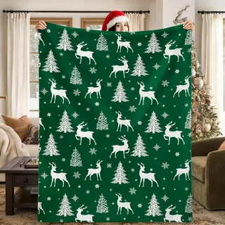 JOTOM Weihnachten Kuscheldecke, Flauschig Weihnachtsdecke 130x150cm, Warm Wohndecke Sofaüberwurf Decke für drinnen, draußen Couchdecke Sofadecke Weihnachtsdeko (Weihnachtsbaum Hirsch Grün)