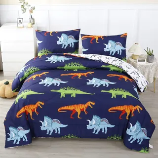 RYNGHIPY Cartoon-Dinosaurier-Bettwäsche-Set, dunkelblaues Dinosaurier-Bettwäsche-Set für Jungen, Dinosaurier-Druck, Tröster-Sets für Kinder/Kleinkinder/Teenager (Dinosaurier, voll)