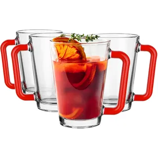 Glasmark KROSNO, 250ml, Set von 4, Gläser set, Glasbecher, Trinkgläser aus Glas mit Henkel, farbiges Ohr, Trink-Glas, Tasse, Glasbecher mit Hörer, Spülmaschinenfest
