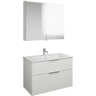 burgbad Eqio Set, bestehend aus Spiegelschrank, Keramik-Waschtisch Slim und Waschtischunterschrank, Breite 920mm, SHCP092F2009C0001G0146, Farbe: Weiß Hochglanz / Weiß Hochglanz, Griff Chrom G0146