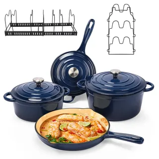 Denmay Emaille Gusseisen Kochgeschirr Set - 7-teiliges inkl. Dutch Oven, Bratpfanne, Schmortopf, Soßentopf, 3 Deckel, Backen Holländisches OfenSet für alle Herdarten geeignet mit Organizer, Marineblau