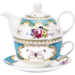 fanquare Vintage Rose Blumen Tea for One Set,Türkis Porzellan Kaffeetassen Set mit Teekanne, Tasse und Untertasse