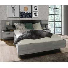 Forte LEONARD Bett + 2 Nachtkommoden mit 2 Schubladen, Holzwerkstoff, Nordischeiche grau/grau matt, B x H x T: 235,5 x 90,5 x 195,7 cm