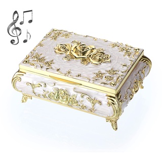 SUMTree Vintage Music Box - Metal Musical Jewelry Box Keepsake Box Weiss Schmuckkästen Milchweiß Schmuckbox Schmuckkiste Schmuckkoffer für Ring Armband Ohrringe Damen Geschenk Geburtstag