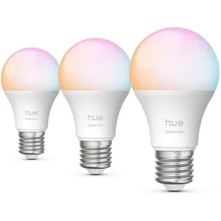 LED Lampe, Philips Hue Essential A60, 3er Pack, E27, 8W, 2200-6500K, 806 Lumen, Dimmbar, Farbwechsel