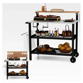 Servierwagen mit klappbarer Tischplatte, 3-stufiger Grillwagen mit offenen Regalen und Haken, Grilltisch für den Außenbereich mit Halterungen für Papierhandtücher und Müllsäcke, Rollwagen für Garten und Terrasse