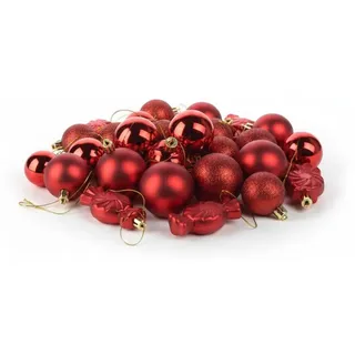 Set aus 32 Christbaumkugeln mit rotem Stern und Bonbonverzierungen - Rot