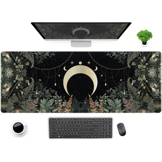 dcjjm Niedliche grüne Waldblätter-Schreibtischunterlage, skurrilen Mond, XL, groß, erweitertes Gaming-Mauspad mit genähten Kanten, Computer-Laptop-Tastatur, Mauspad, Schreibtischunterlage, 80 x 30 cm,