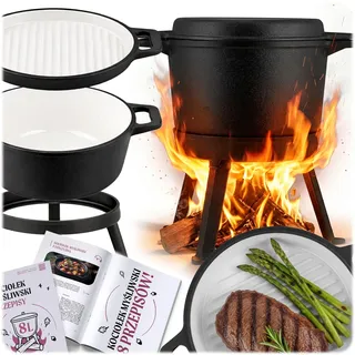 Berdsen Gusseisen Topf 8 L Dutch Oven - Emailierter Feuertopf für Lagerfeuer und Grill - 2-in-1 Deckel als Pfanne nutzbar - mit 3 Beinen und Aufhängebügel - inkl. Rezeptbuch - Schwarz