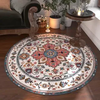 Tospass Vintage Boho Rund Teppich Waschbarer Wohnzimmer Orientalischer Stil Sofa Teppich Kurzflor Couchtischmatte, Bunter Muster Rutschfester Carpet für Schlafzimmer. 140 cm