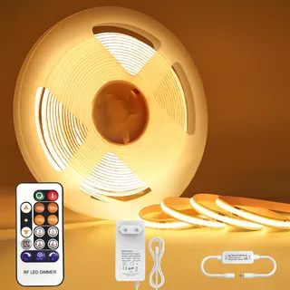Öuesen COB LED Streifen 10M Warmweiss, Dimmbar Strip Led mit Fernbedienung, Lichtband Selbstklebend 3000K, Lichtleiste Wasserdicht IP44 Band für Unterbau Küche Bett TV Indirekte Beleuchtung