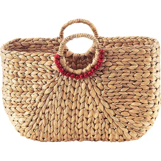 Kobolo Tasche Handtasche Korbtasche Wasserhyazinthe mit rundem Griff 43x14x30 cm Damentasche Henkeltasche Taschen für Einkauf Korb Körbe Damenhandtasc - Naturbelassen