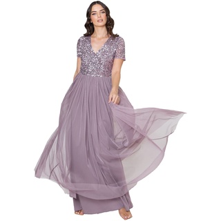 Maya Deluxe Abendkleid mit Pailletten Cocktailkleid Damen mit V-Ausschnitt Tüllkleid Lila Größe 46