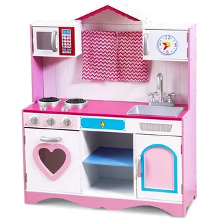 FANTASK Kinderküche mit licht & Sound, Extra große Spielküche Holz 82x30x100,5 cm, Rosa Prinzessin Play Kitchen für Mädchen mit Abnehmbarer Spüle, Pretend-Spielset für Kinder ab 2 Jahren