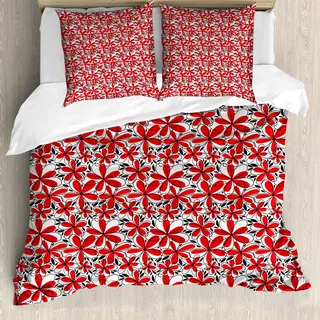 ABAKUHAUS Rot und Schwarz Bettbezug, Gekritzel-Blumen-Kunst, Milbensicher Allergiker geeignet mit Kissenbezügen, 155 cm x 220 cm - 80 x 80 cm, Schwarz Weiß Scarlet - Schwarz
