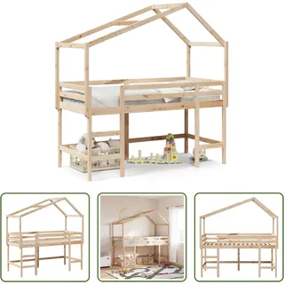 The Living Store Hochbett mit Leiter und Dach 80x200 cm Massivholz Kiefer - Braun