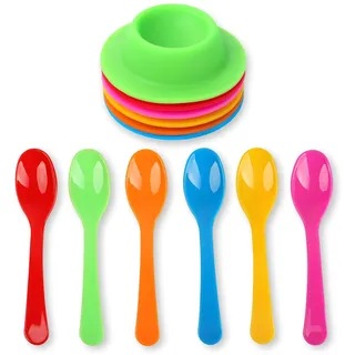 Schramm® Eierbecher - Set aus 6 Stück Silikon Eierbecher und 6 Stück Eierlöffel aus Kunstsoff Eierhalter mit Ablage Eierständer BPA-frei
