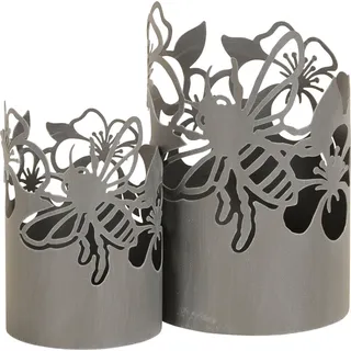 2er Set Windlicht Blumen H32cm Grau Garten Laterne Kerzenhalter Garten Deko - Schwarz