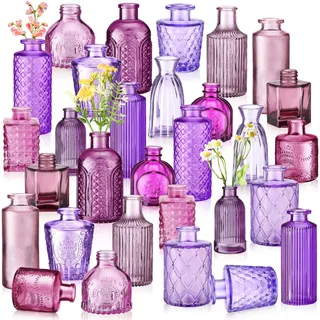 Yaomiao 30 Stück farbige Blumenvasen aus Glas, Vintage-Stil, bunt, rustikal, geprägt, für Zuhause, Hochzeit, Tischdekoration, Geschenke (Lila-Serie)
