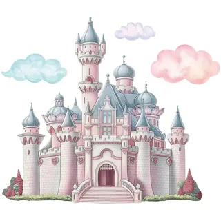 PLIGREAT Prinzessin Schloss Wandtattoos, Aquarell Wolke Fee Schloss Wandaufkleber, große Vinyl abnehmbare Wandtattoo für Mädchen Schlafzimmer Kinderzimmer Wohnzimmer Wandkunst Dekor